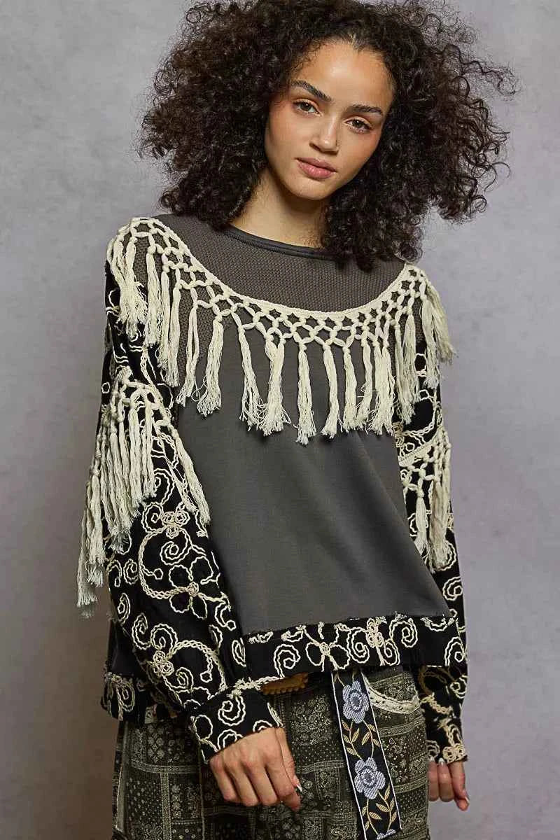 POL Contrast Floral Embroidery Balloon Sleeve Top with Tassel Trim MOSS CHARCOAL c604a976-c112-4fa0-992f-30c43a087f1a-Max-Origin