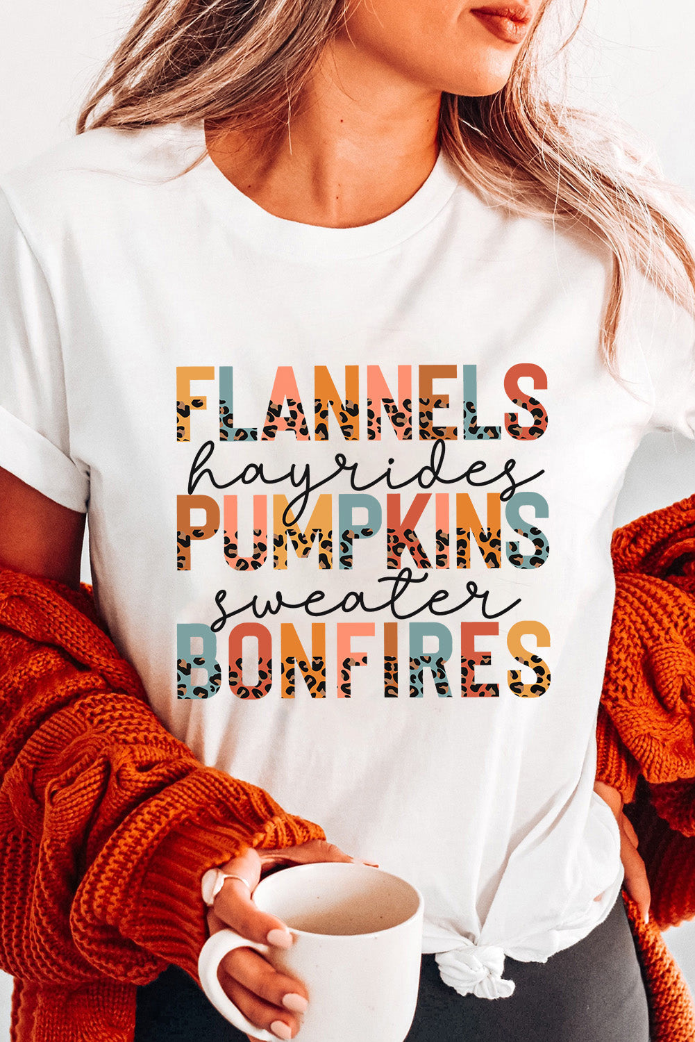 White FLANNELS PUMPKINS BONFIRES Chic Letter Heat Transfer Printing Graphic Tee White 62%Polyester+32%Cotton+6%Elastane c608eec920f4a0f6