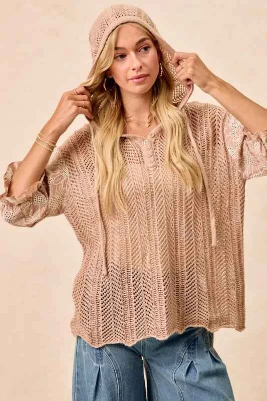 BiBi Jacquard Flower Puff Sleeve Hooded Knit Top c60c0284-f09c-424a-b082-0a0f1825c69e-Max-Origin