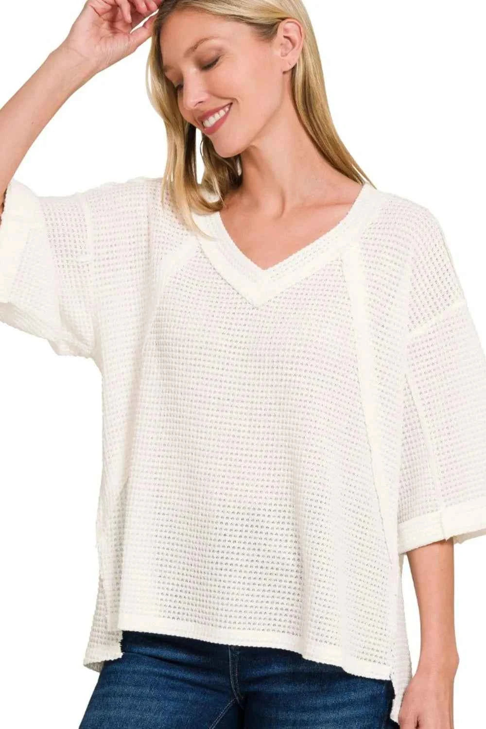 Zenana Brushed Waffle Exposed-seam 3/4 Sleeve Top c61994e9-0af3-4069-8d0c-232030f7ae3c-Max-Origin