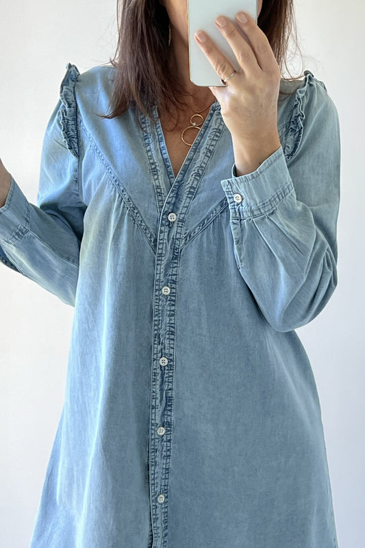 Myosotis Ruffled V Neck Buttoned Shift Denim Dress c61a4d39907855f7