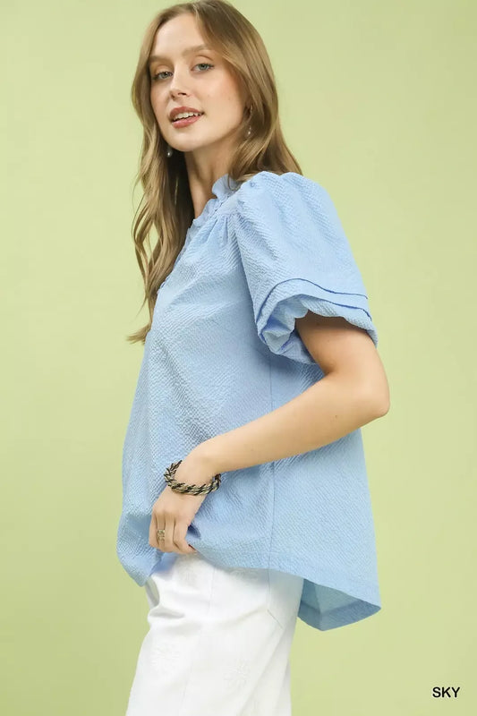 Umgee Textured Scallop Trim Puff Sleeve Blouse c61c5717-b0c0-4396-a0c4-a9efc9e4a0e6-Max-Origin