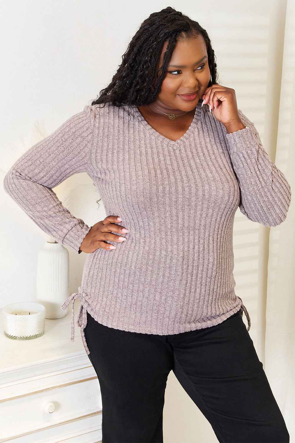 Double Take Drawstring Ribbed Long Sleeve T-Shirt c62058158c044e7bbbd44f1aacec33cb-Max