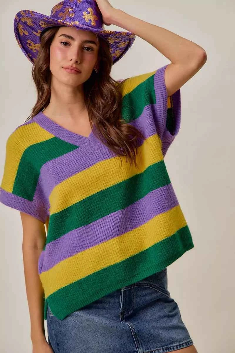 SO ME Mardi Gras Loose Fit V Neck Stripe Sweater Top c626dd8736b94e589c642d0031ff981f-Max-Origin