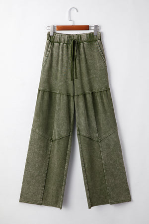 Vineyard Green Mineral Wash Tiered Wide Leg Patchwork Drawstring Pants Vineyard Green 85%Cotton+15%Polyester c628e208b79e142c