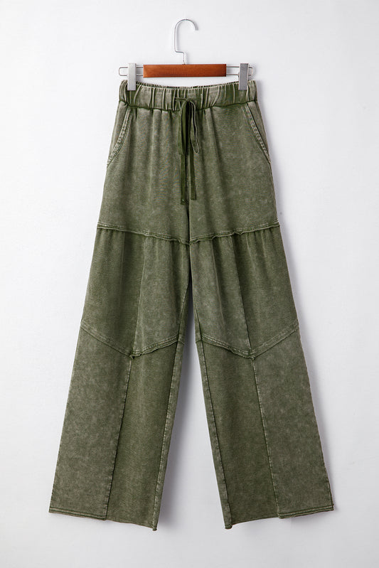 Vineyard Green Mineral Wash Tiered Wide Leg Patchwork Drawstring Pants Vineyard Green 85%Cotton+15%Polyester c628e208b79e142c