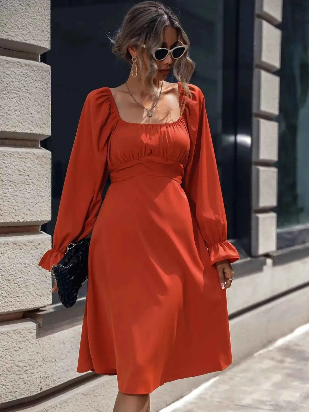 Square Neck Flounce Sleeve Midi Dress c62a8497-c878-4c0d-a5f9-bd283b2445af-Max-Origin