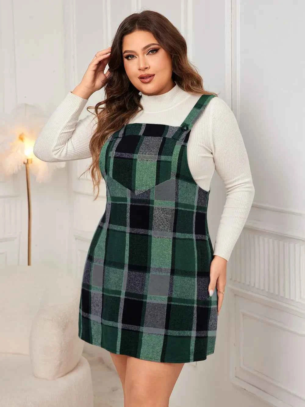 Honey Plus Size Plaid Wide Strap Overall Dress c62aa60c-dc74-42c3-96c1-bc2025cbe011-Max