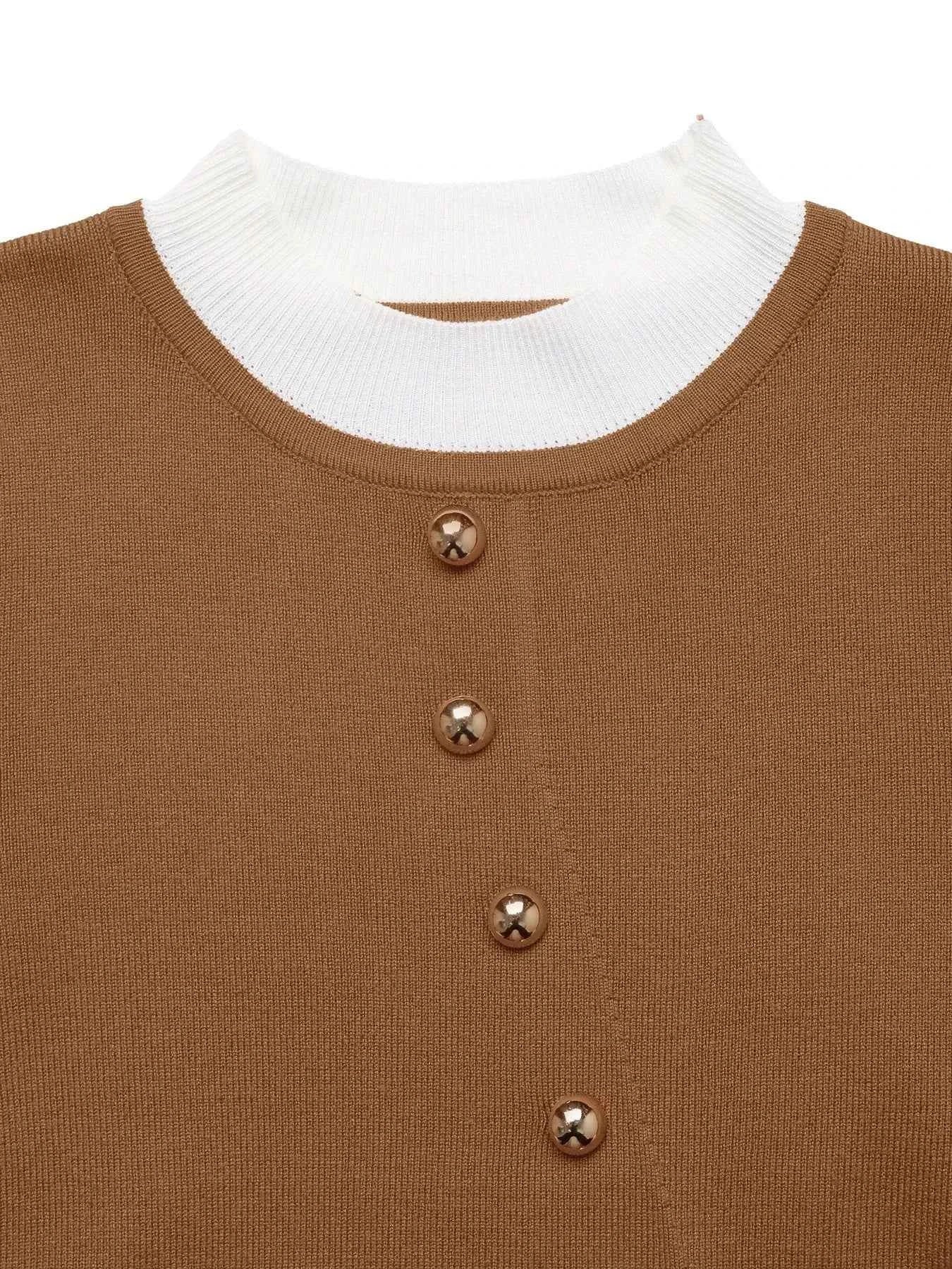 Decor Button Contrast Hem Knit Top