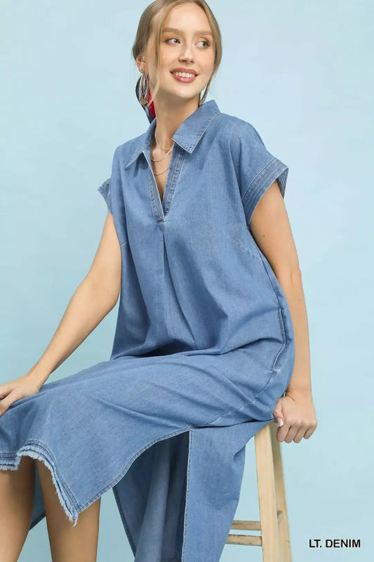 Stone Washed Collared Denim Midi Dress c62ba3b6-df58-4fa6-8fb4-549baed273d4-Max-Origin