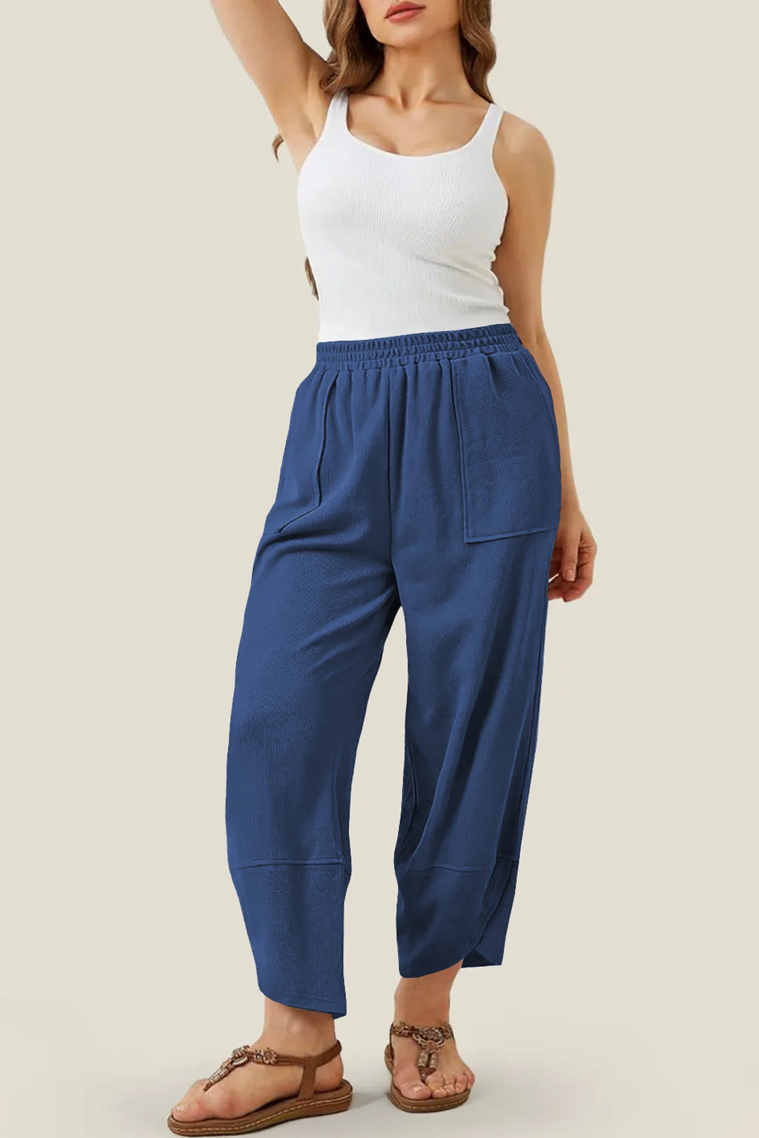 Sail Blue Plus Size Elastic Waist Asymmetrical Hem Loose Capris Pants c63493bb5d48c2aa
