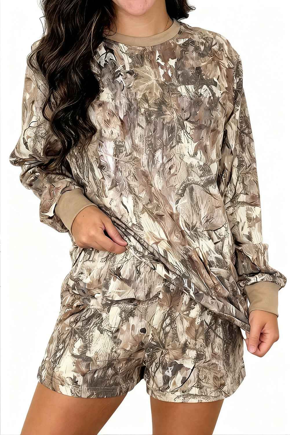 Khaki Camo Print Contrast Trim Long Sleeve Pullover Shorts Set c6357084351b08f9