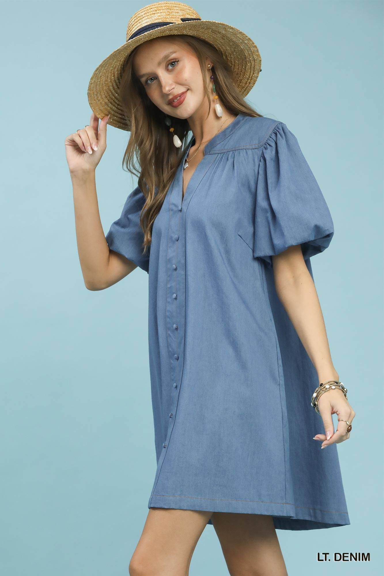 Umgee Chambray Puff Sleeve Dress c6396d5e-008b-49ae-816f-dd91e9d6f228-Max