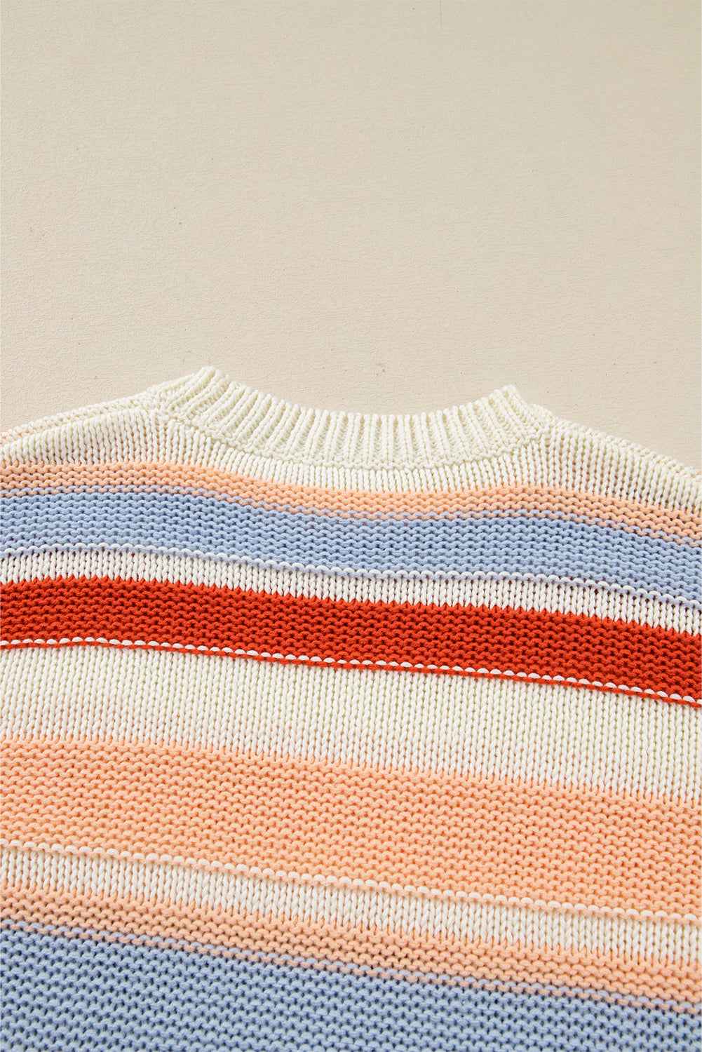 Pink Striped Colorblock Round Neck Drop Shoulder Sweater c64480ec7a5befbb