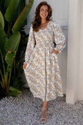 Floral Smocked Puff Sleeve Maxi Dress Khaki c644f909-6911-4db2-ace8-071dccfdbad4