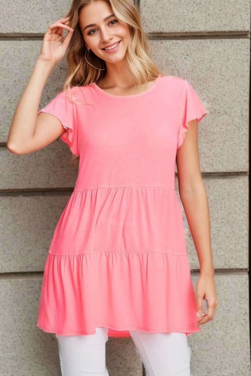 Heimish Full Size Tiered Round Neck Ruffle Sleeve Top Plus Size Pink c6451bdb-ea2c-47c0-bbf0-89c1eaafd15d-Max