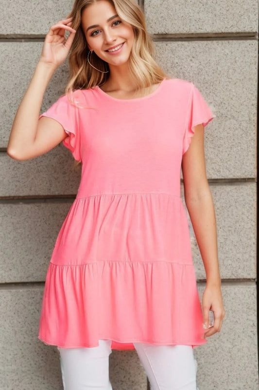 Heimish Full Size Tiered Round Neck Ruffle Sleeve Top Plus Size Pink c6451bdb-ea2c-47c0-bbf0-89c1eaafd15d-Max