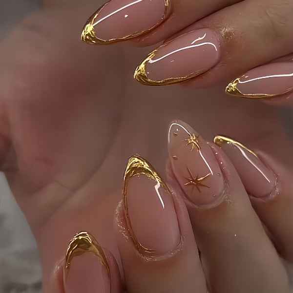 Press on Nails Almond - Gold Line Design 24 Pcs Gold One size c649f581-2e7e-497f-9e6a-c256f01ca40a