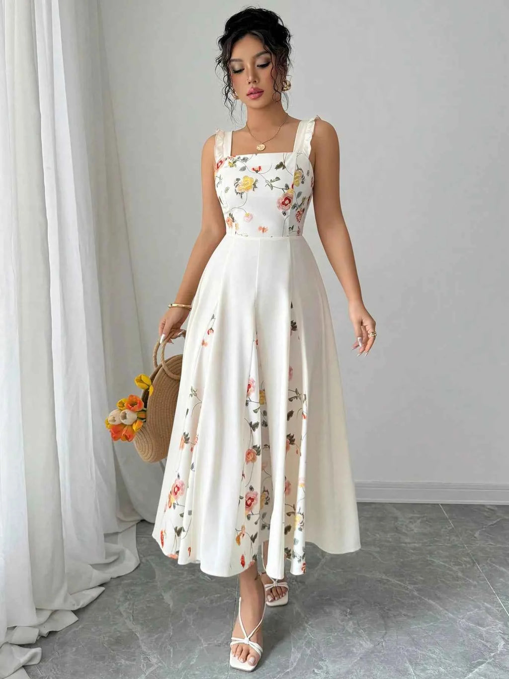 Printed Square Neck Midi Dress White c64b9d1b-487e-480b-8677-f53bc81f5f50-Max-Origin