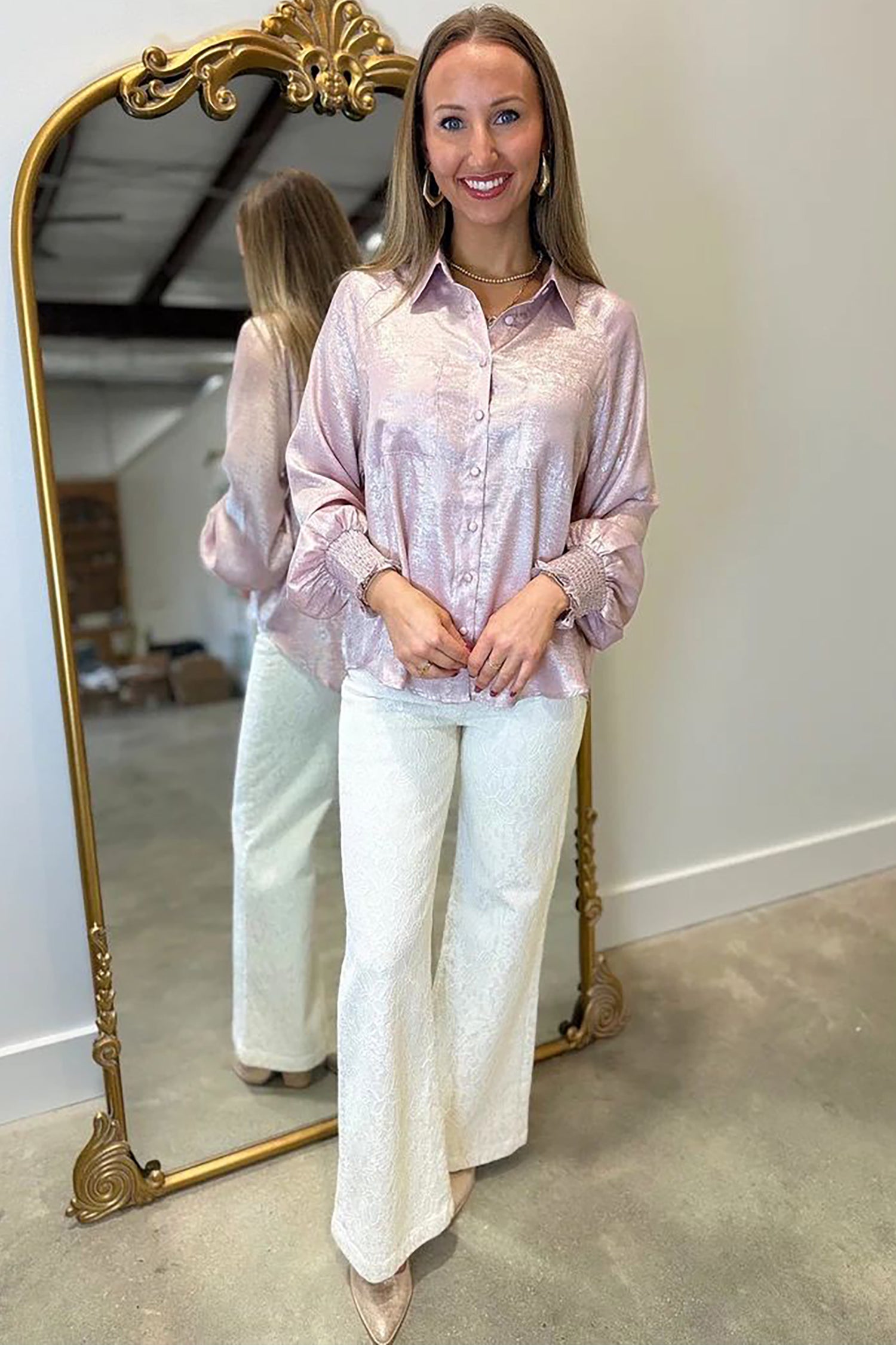 Delicacy Long Sleeve Button Front Ruffle Cuffs Back Paneling Shirt c651651b7a4da87e