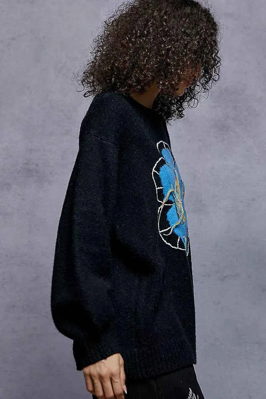Floral Pattern Round Neck Sweater with Exposed Stitching c654780c-a779-4eef-8715-d7a243e06c3e-Max-Origin