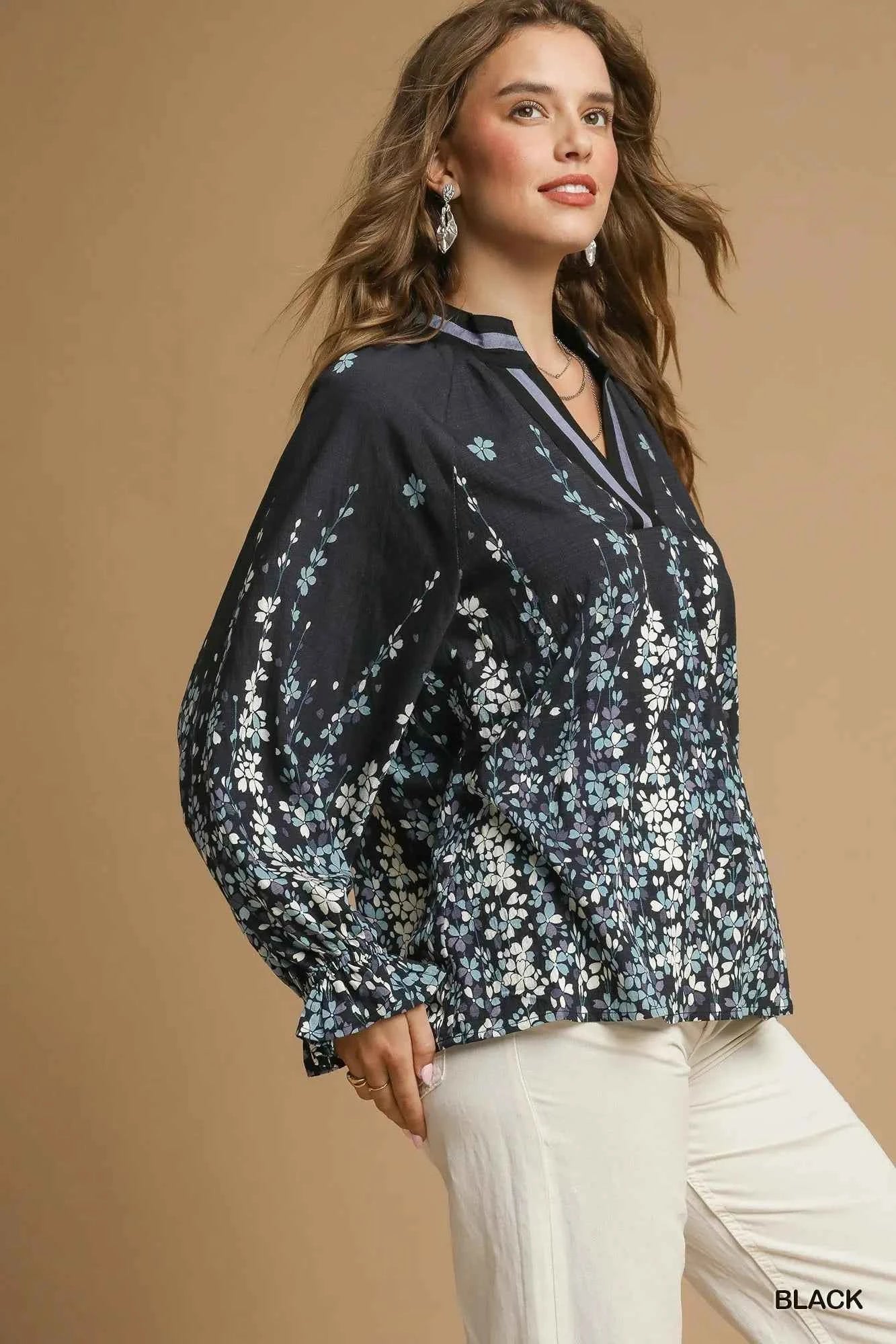 Umgee Full Size Floral Vine Print Blouse with Balloon Sleeves Plus Size c662f865-279a-4614-b9b0-23c1ab9c0cb8-Max-Origin