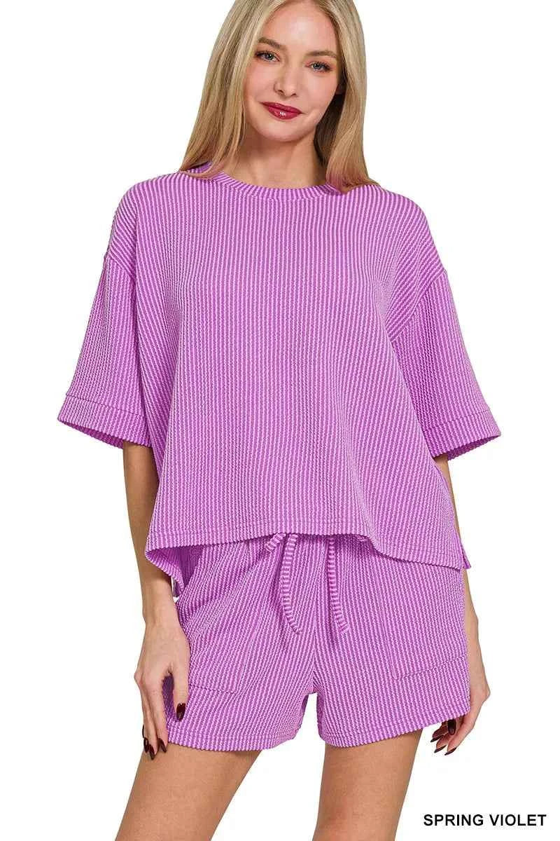 Zenana Raised Rib Short Sleeve Tee and Drawstring Shorts Set SPRING VIOLET c66e4fb965174c62ba3c2042336f3195-Max-Origin