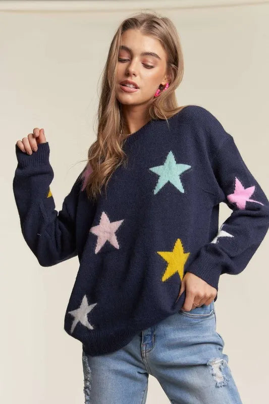 ADORA Stars Pattern Round Neck Drop Shoulder Sweater Dark Navy c66f829b-1472-4d78-8d42-7de9e2b0fcc3-Max