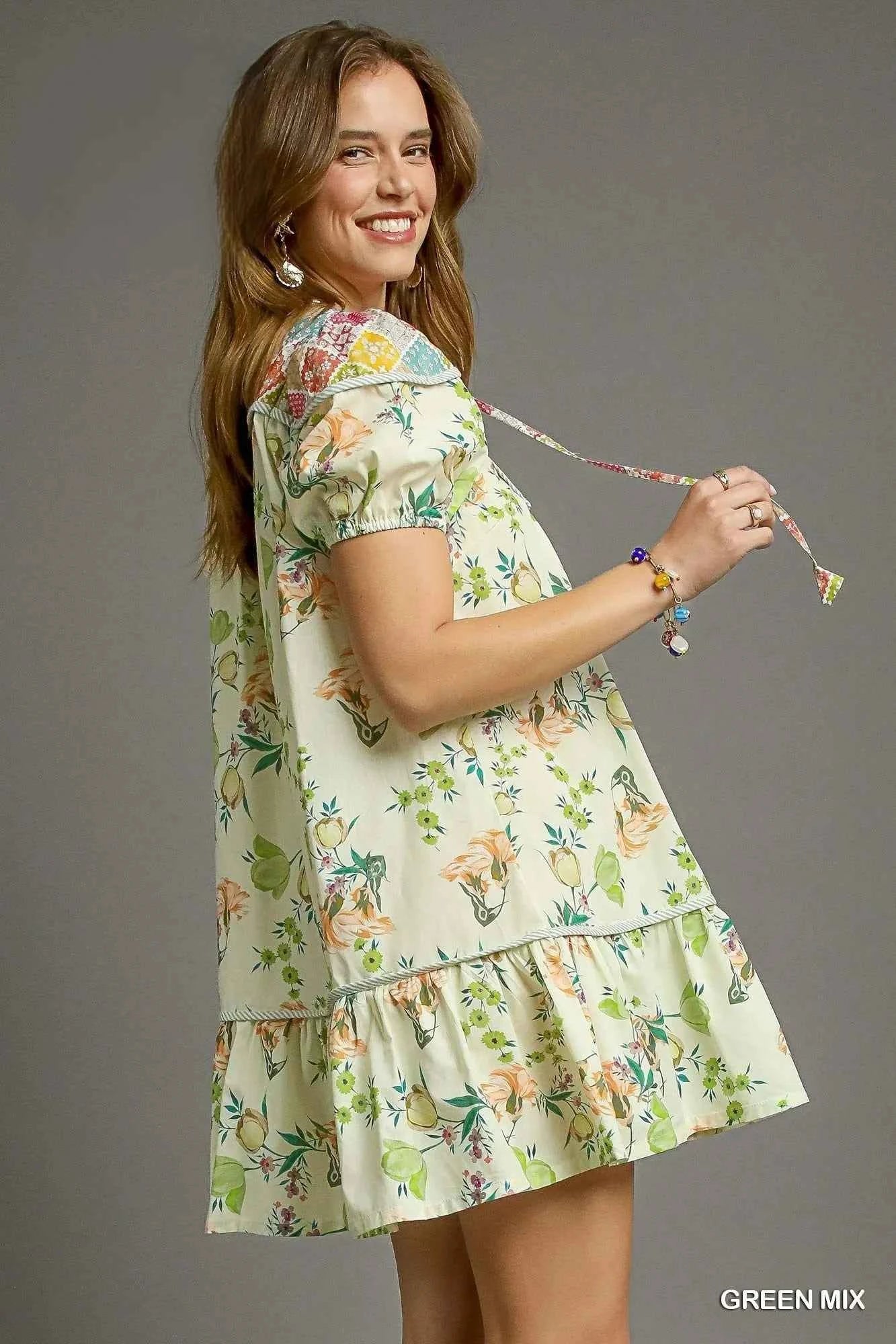 Umgee Floral Print Tie Neck Puff Sleeve Dress c671c5e5-368c-43c9-aa06-ef414cb91acb-Max-Origin