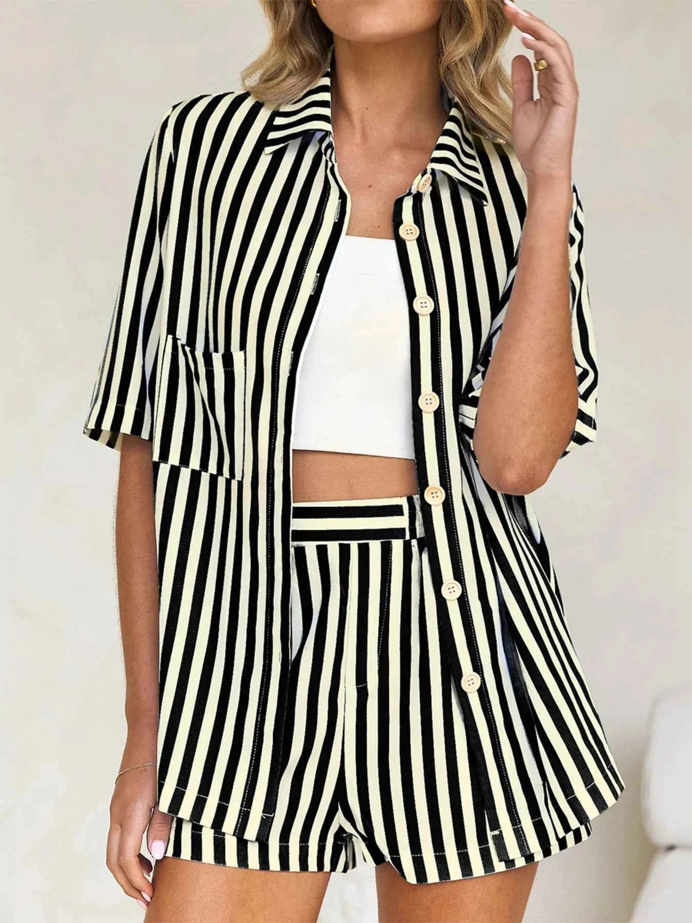 Striped Button Up Shirt and Shorts Set Black c673d62b929948bc8fdc1f8fdcdfdaaa-Max-Origin