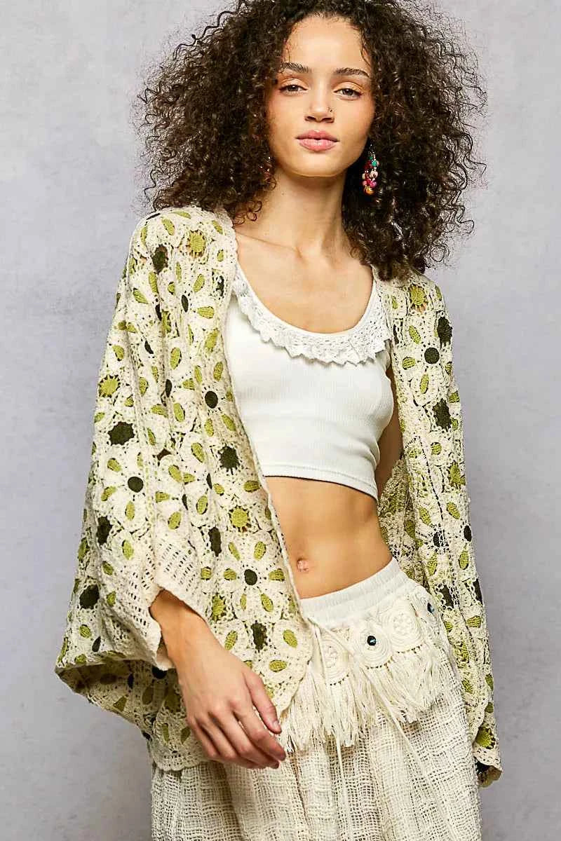 POL Open Front Floral Pattern Crochet Cardigan GREEN MULTI One Size c67c4aa3-5500-406e-bb02-9def3f3a3fd0-Max-Origin