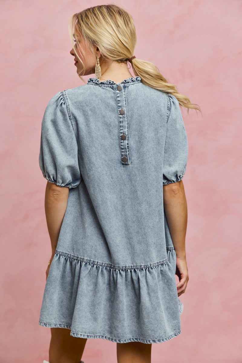 SO ME Denim Short Sleeves Mini Tiered Dress c6800c9e14ae407e90dae1e08569fc38-Max