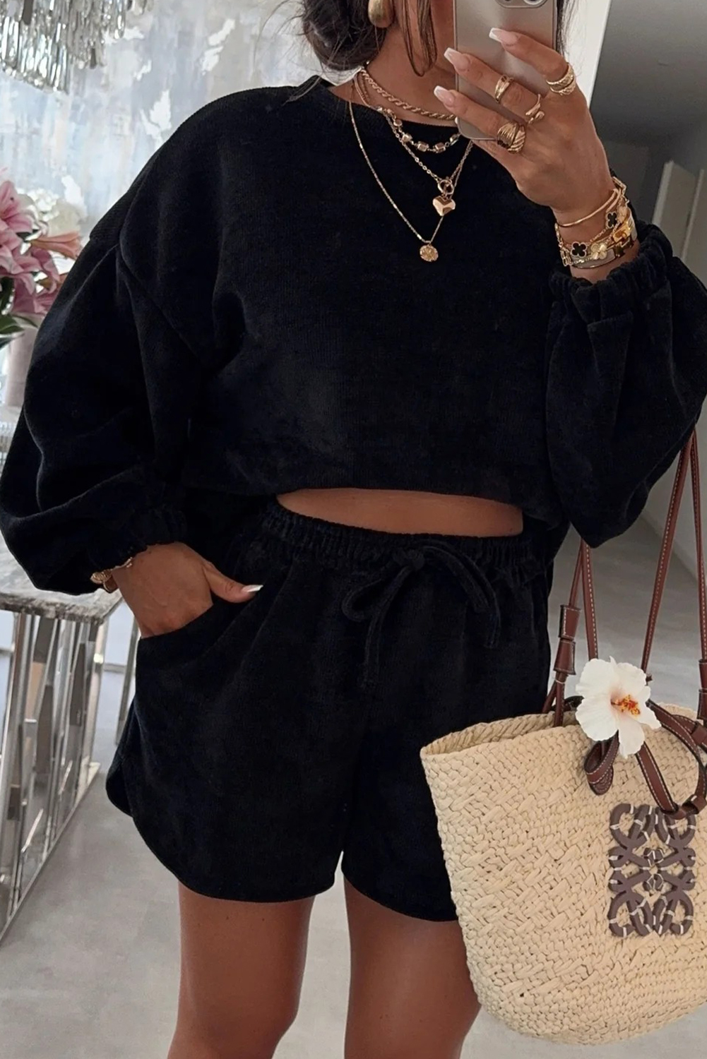 Fushia Textured Knit Drop Shoulder Pullover Drawstring Shorts Set Black 97%Polyester+3%Elastane c68e8be3c6553e96