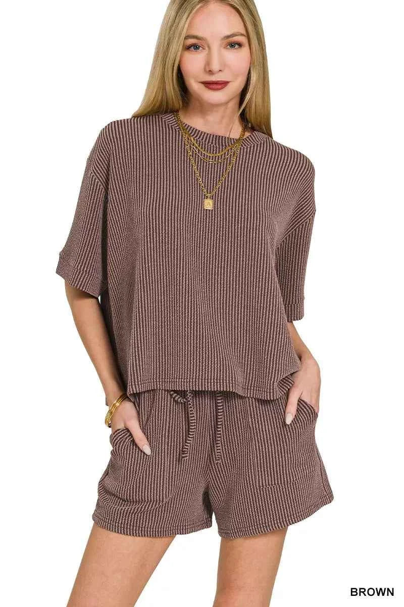 Zenana Raised Rib Short Sleeve Tee and Drawstring Shorts Set BROWN c690228e522348b2a9880928b3d1f678-Max-Origin