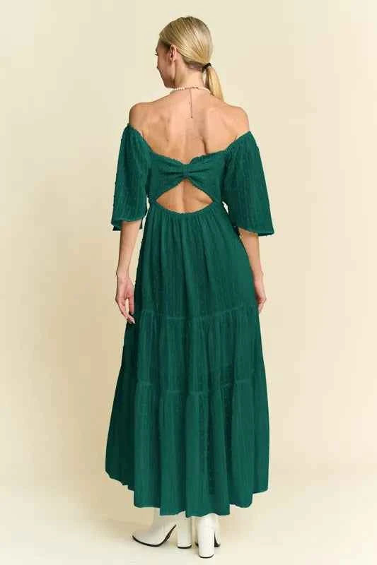 Davi & Dani Swiss Dotted Ruched Ruffle Open Back Midi Dress c697b31ec39c4253a7ccf4ea265743cd-Max-Origin