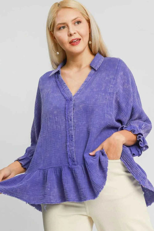 Umgee Plus Size Size Mineral Washed Cotton Gauze Top Electric Purple c6a21000-7170-42b5-b854-efaaadf21d88-Max