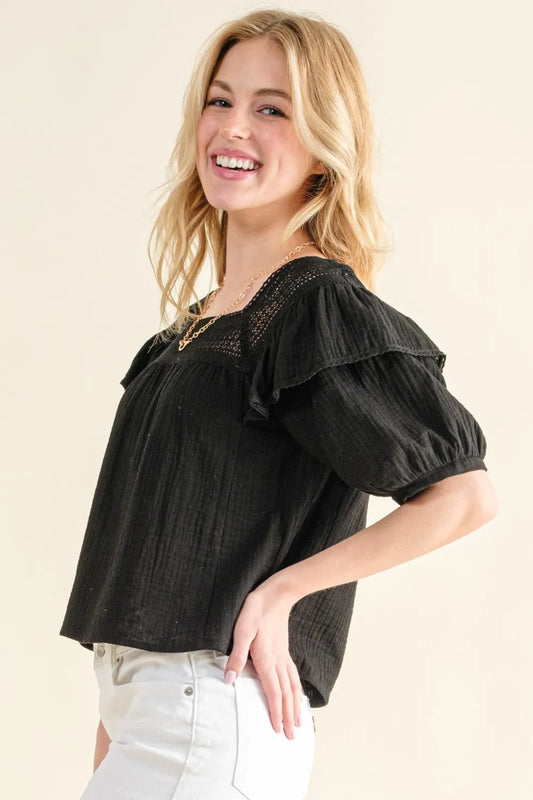 Square Neck Ruffled Eyelet Blouse - 100% Polyester Ruched Top c6a9be5f-5988-4440-975b-d78c2f099a08-Max