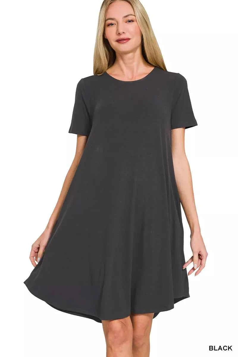 Zenana Short Sleeve Round Hem A-line Dress with Side Pockets BLACK c6aadb5c-f868-430c-a467-6a4d535647b9-Max-Origin
