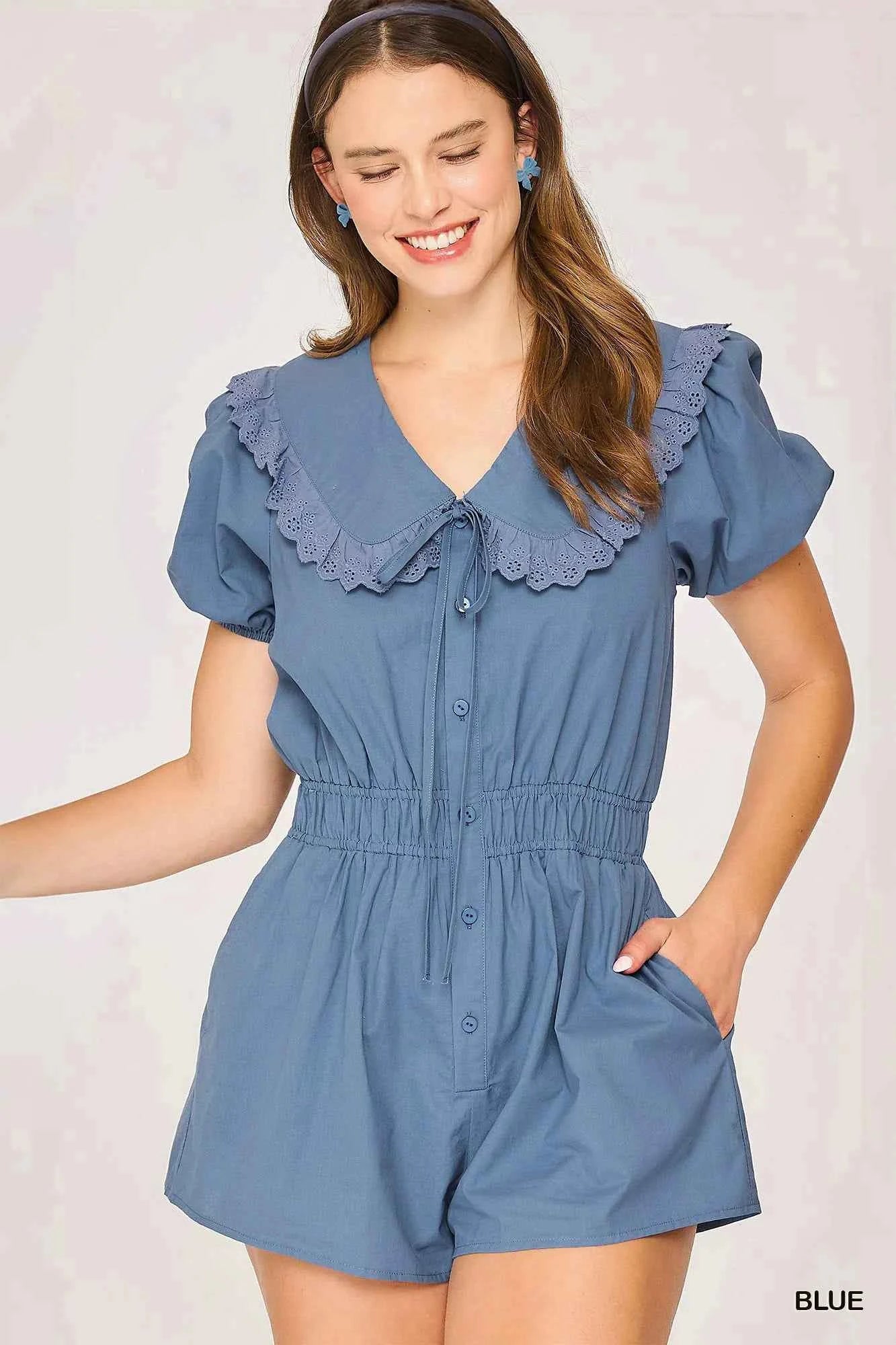 Umgee Collared Short Sleeve Button Down Romper Blue c6ac7f7a-b325-41d7-b49b-a7611c007621-Max-Origin