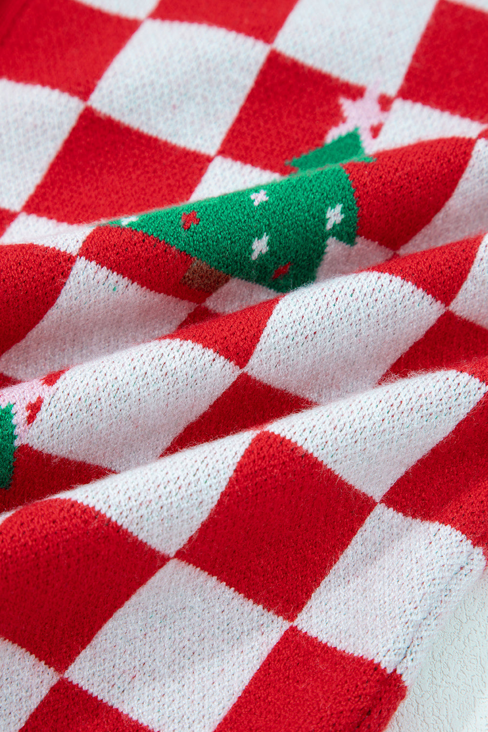 Red Checkered Christmas Tree Pattern Button V Neck Knit Cardigan c6ad6b37054313b6