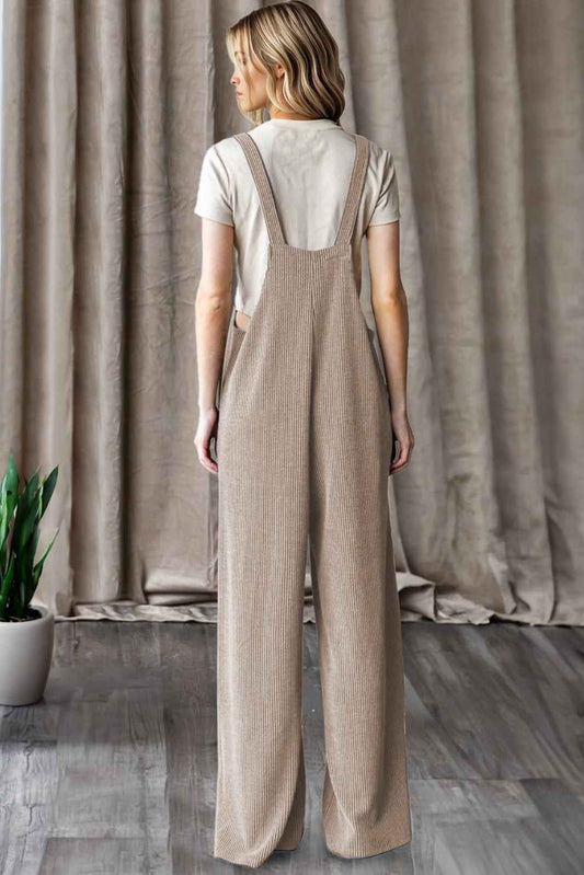 Parchment Ribbed Knit Patched Pocket Wide Leg Overalls c6ae89b7b1bc313c