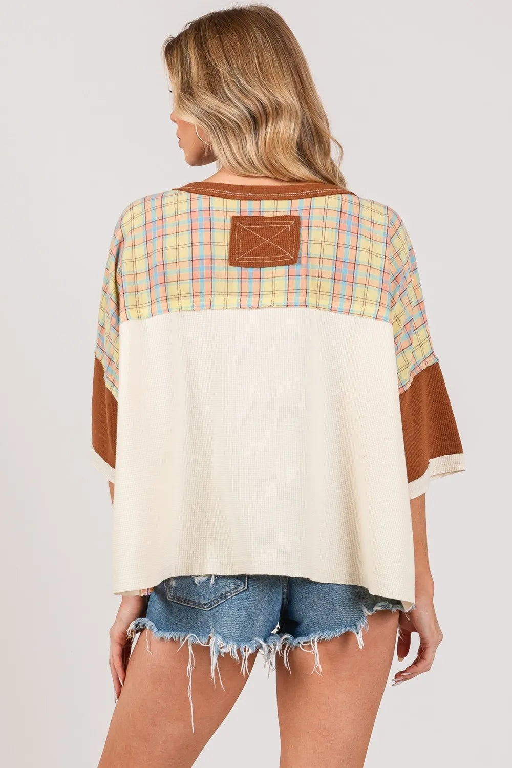 SAGE + FIG Full Size Round Neck Plaid Star Patch T-Shirt Plus Size c6b0051d-157b-467b-9f52-df02890a0b5c-Max