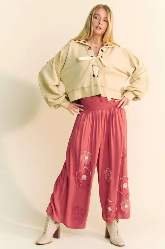 Smocked Waist Flower Patch Wide Leg Pants c6b236c4-576a-463f-a137-49f49e054928-Max