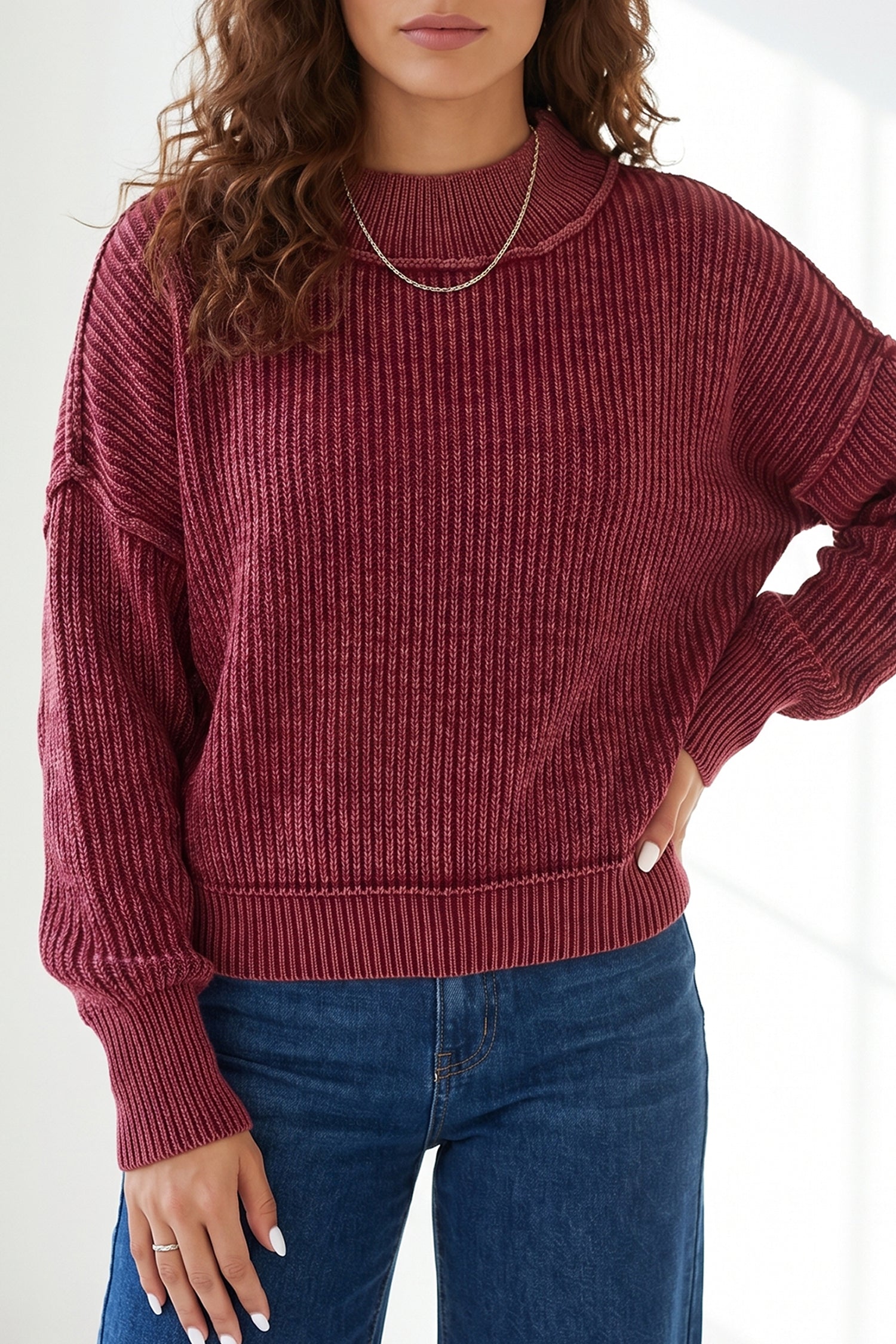 Red Dahlia Drop Shoulder High Neck Ribbed Sweater Red Dahlia 100%Cotton c6b3f4ed3b1cc216