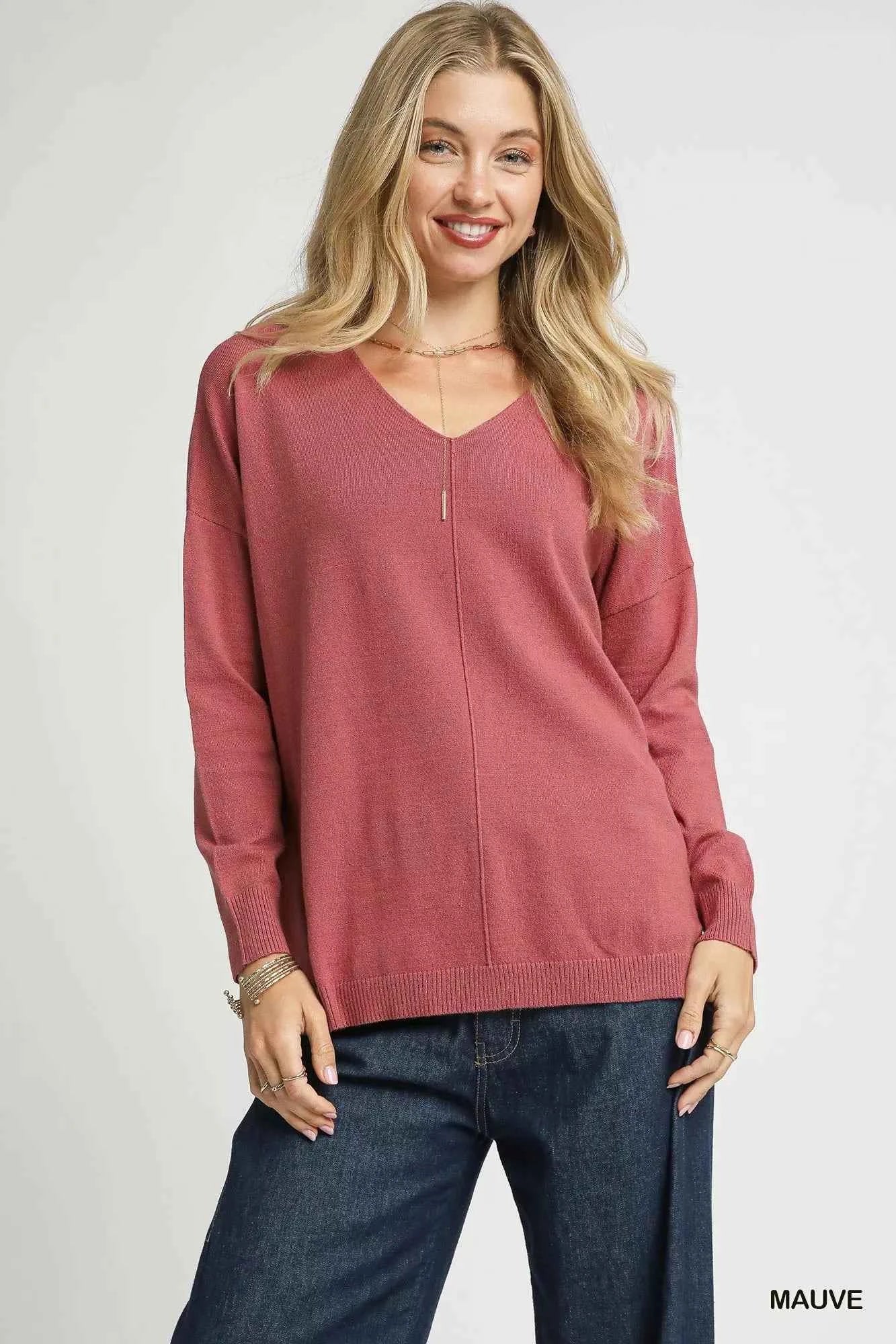 Umgee V-Neck High Low Hem Knit Top with Side Slit MAUVE c6bbca8f-c6a9-423b-8de5-5d6ceaadea98-Max-Origin