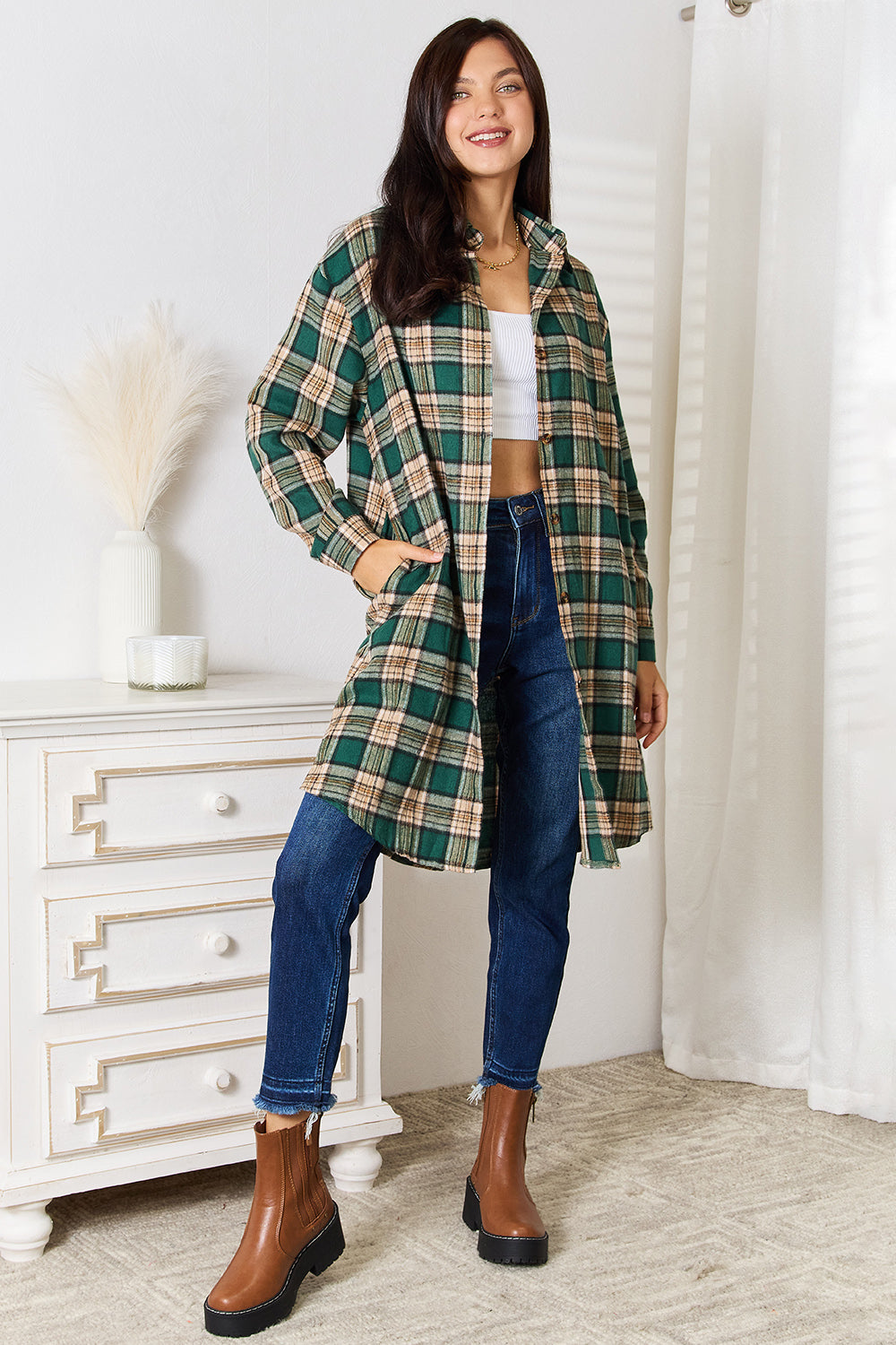 Mandy Plaid Collared Neck Long Sleeve Shirt c6bf78534aec4c68823af5d259b97e54-Max