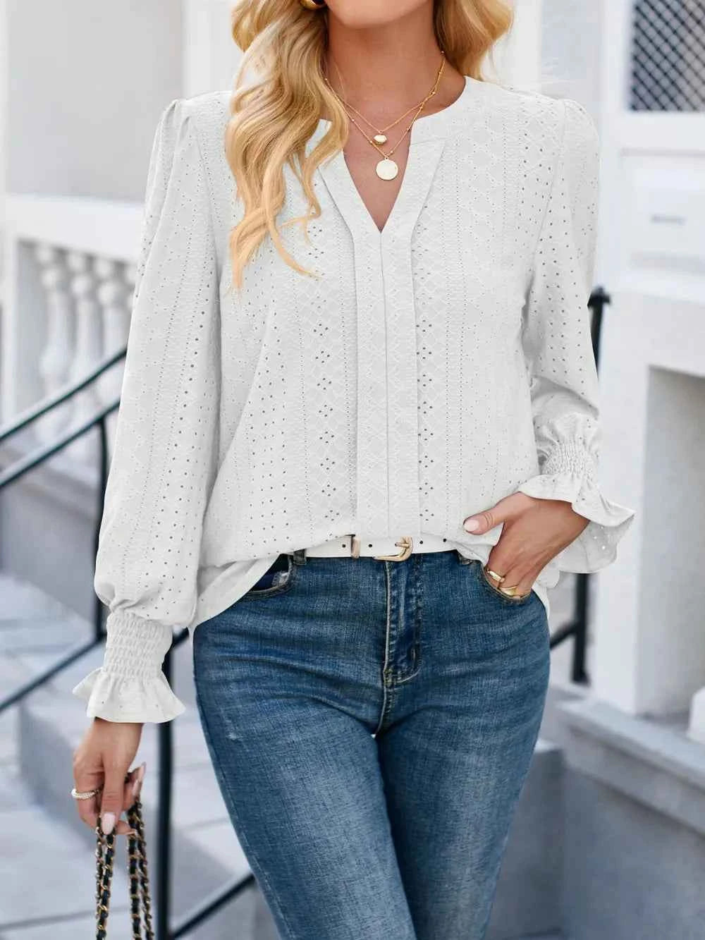 Lovelet Eyelet Notched Flounce Sleeve Blouse White c6c5c617-f3fa-42d9-81b6-604504f80b70-Max