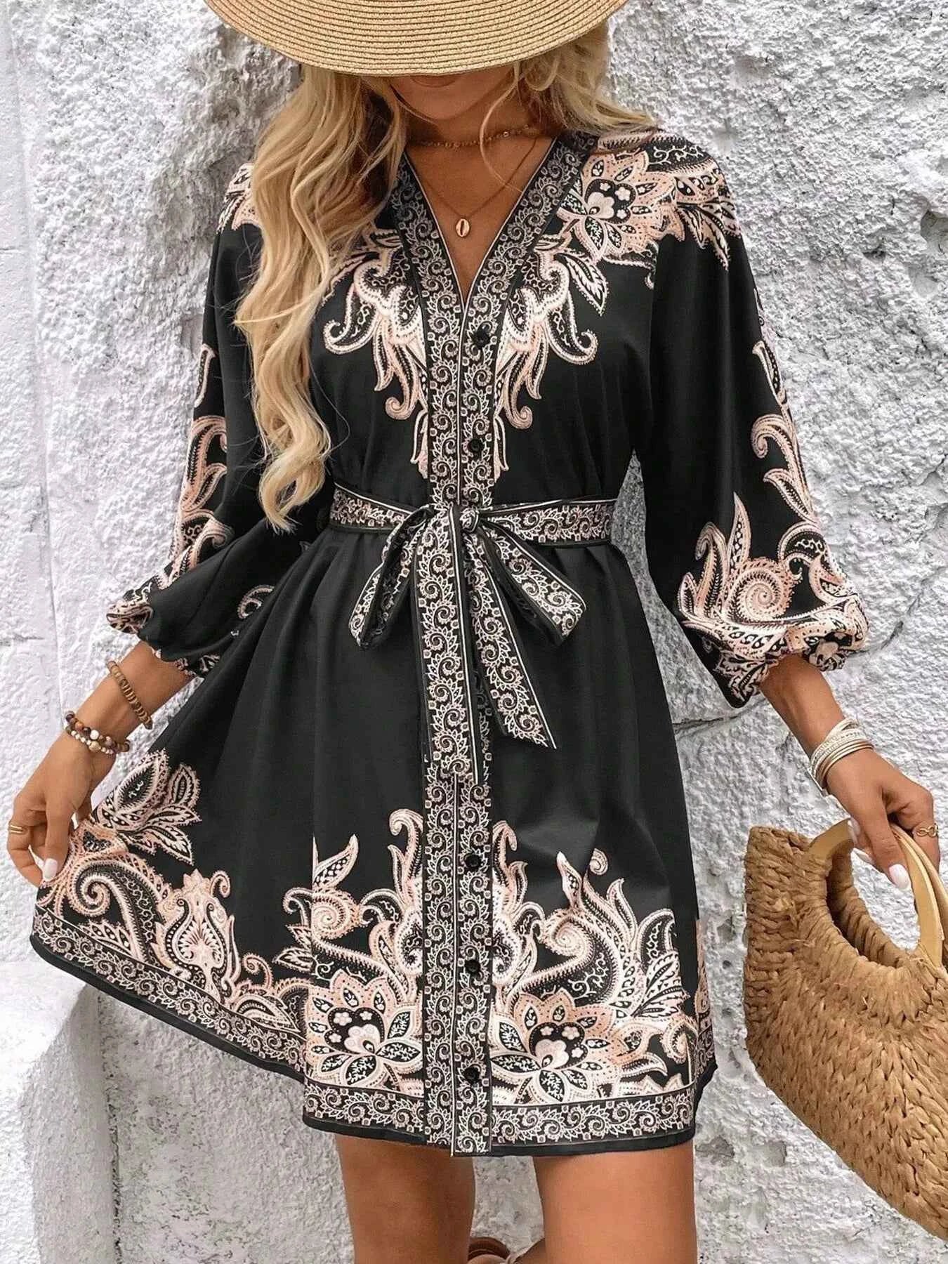 Printed Balloon Sleeve Mini Dress Black c6c73ccd5af345b8b06e786ede400f55-Max-Origin