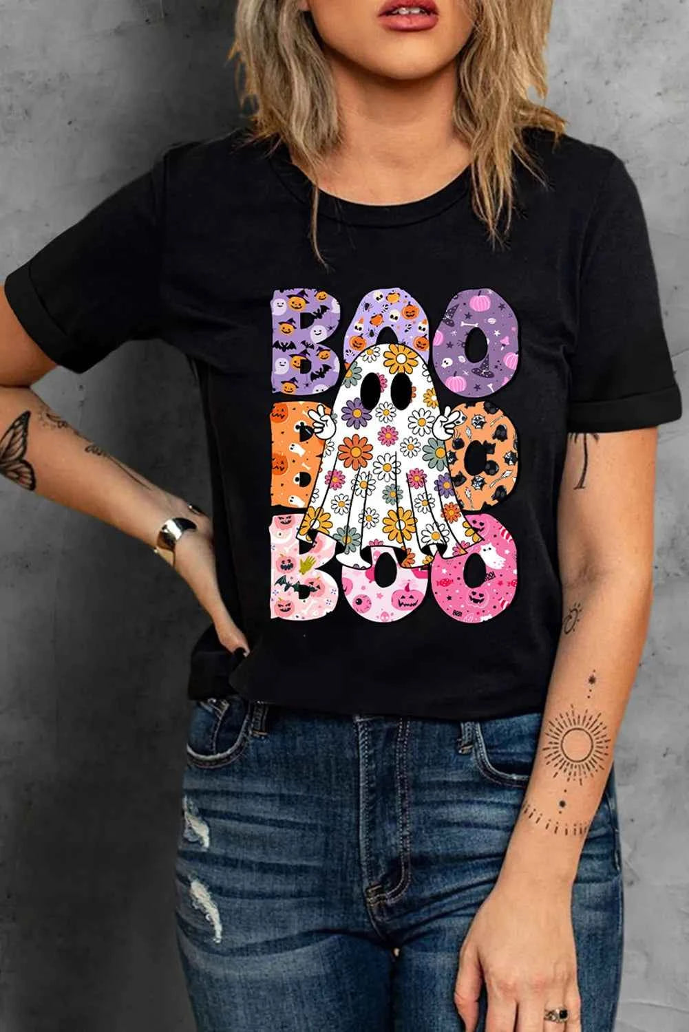 BOO Ghost Graphic Round Neck Short Sleeve T-Shirt c6d06117-800b-4753-bbd2-766c09e0e704-Max