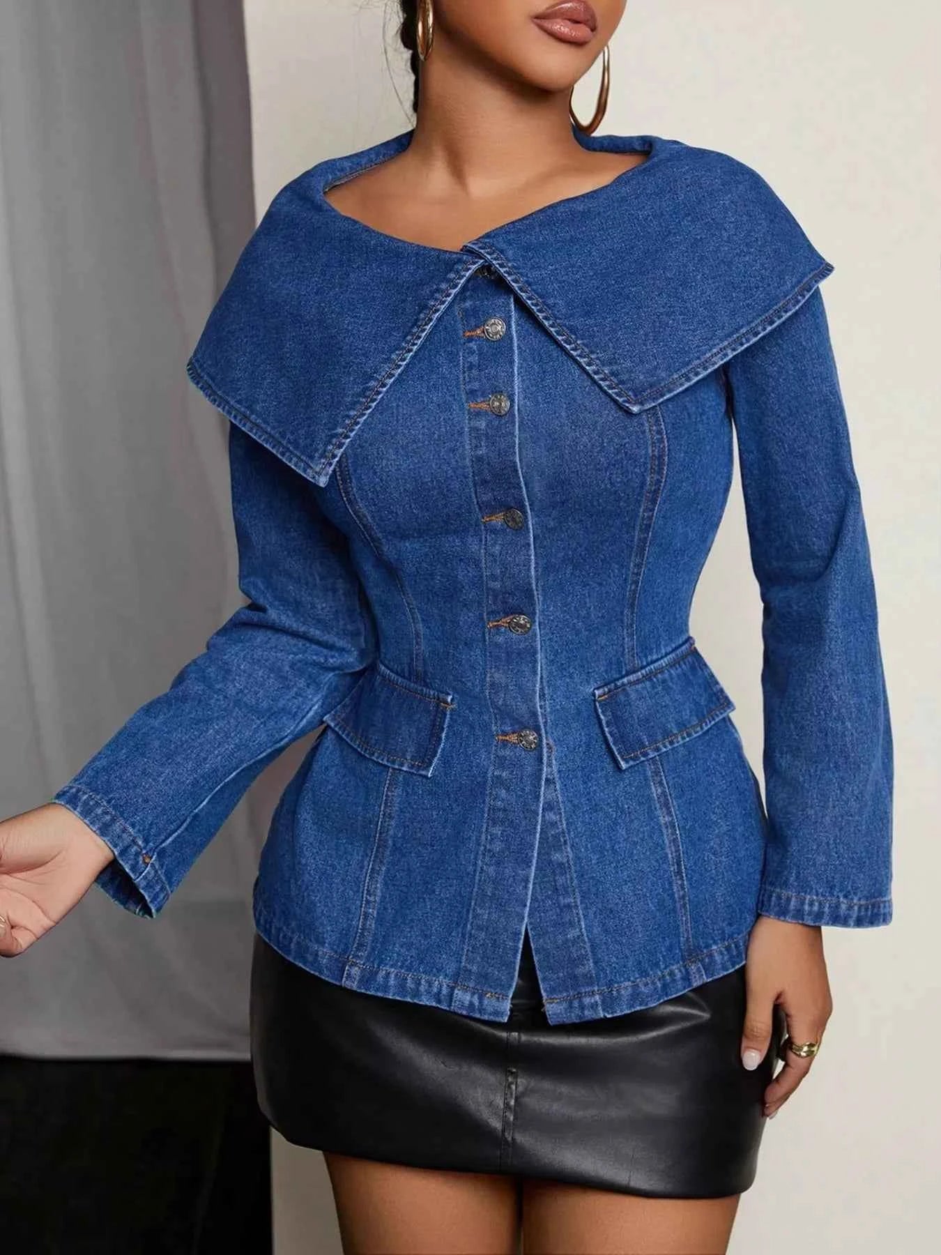 Button-Front Long Sleeve Denim Top c6d0ef392b424306b22c9754a64ca5e6-Max-Origin